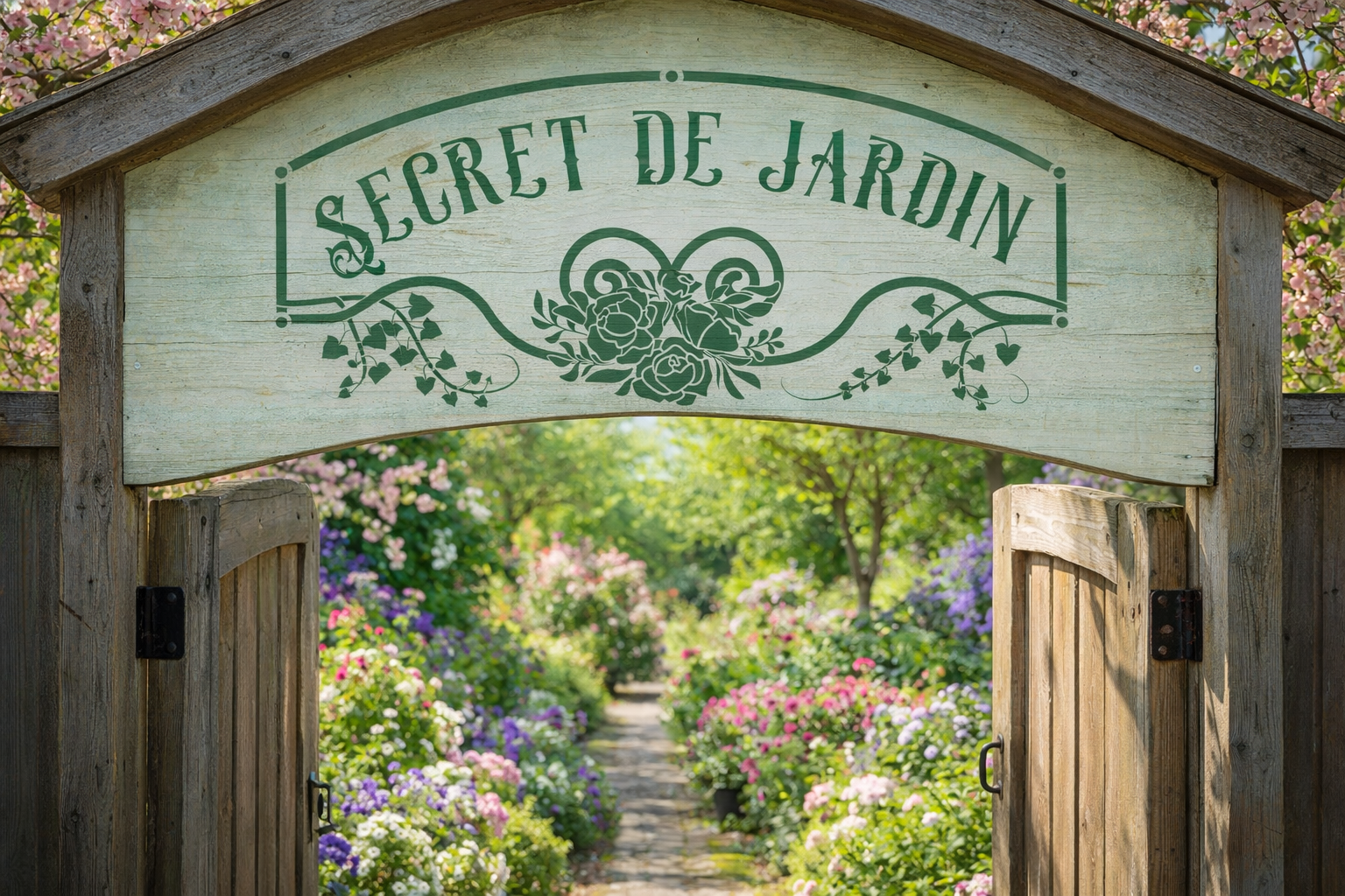 Pochoir décoratif appliqué sur bois dans un jardin fleuri